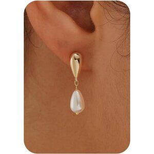 Dainty Pearl Drop Earrings for Women 14K Gold Plated CZ Wedding Stud Dangle Gift